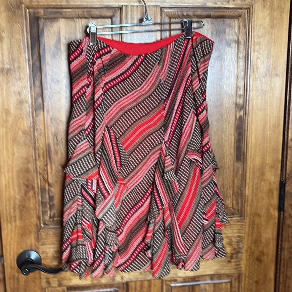 Ralph Lauren Women's Red Tan Patterned Ruffled Georgette Midi Skirt Flowy Sz M